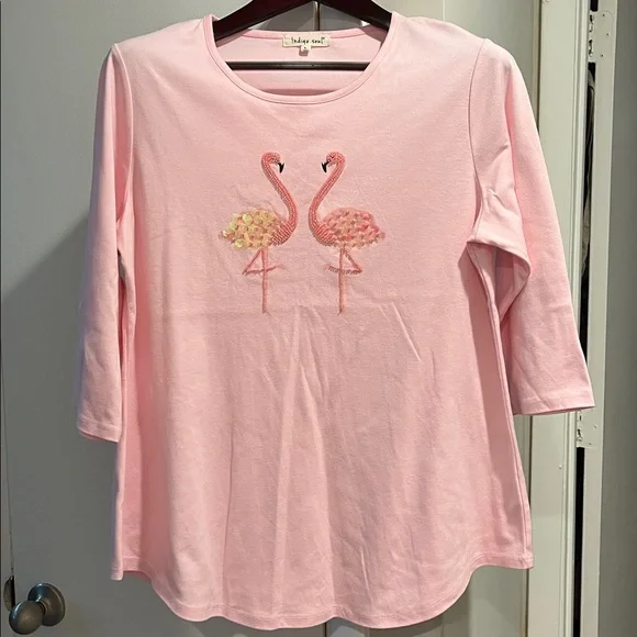 Indigo Soul pink beaded flamingo 3/4 length sleeve cotton shirt Large - Picture 2 of 14